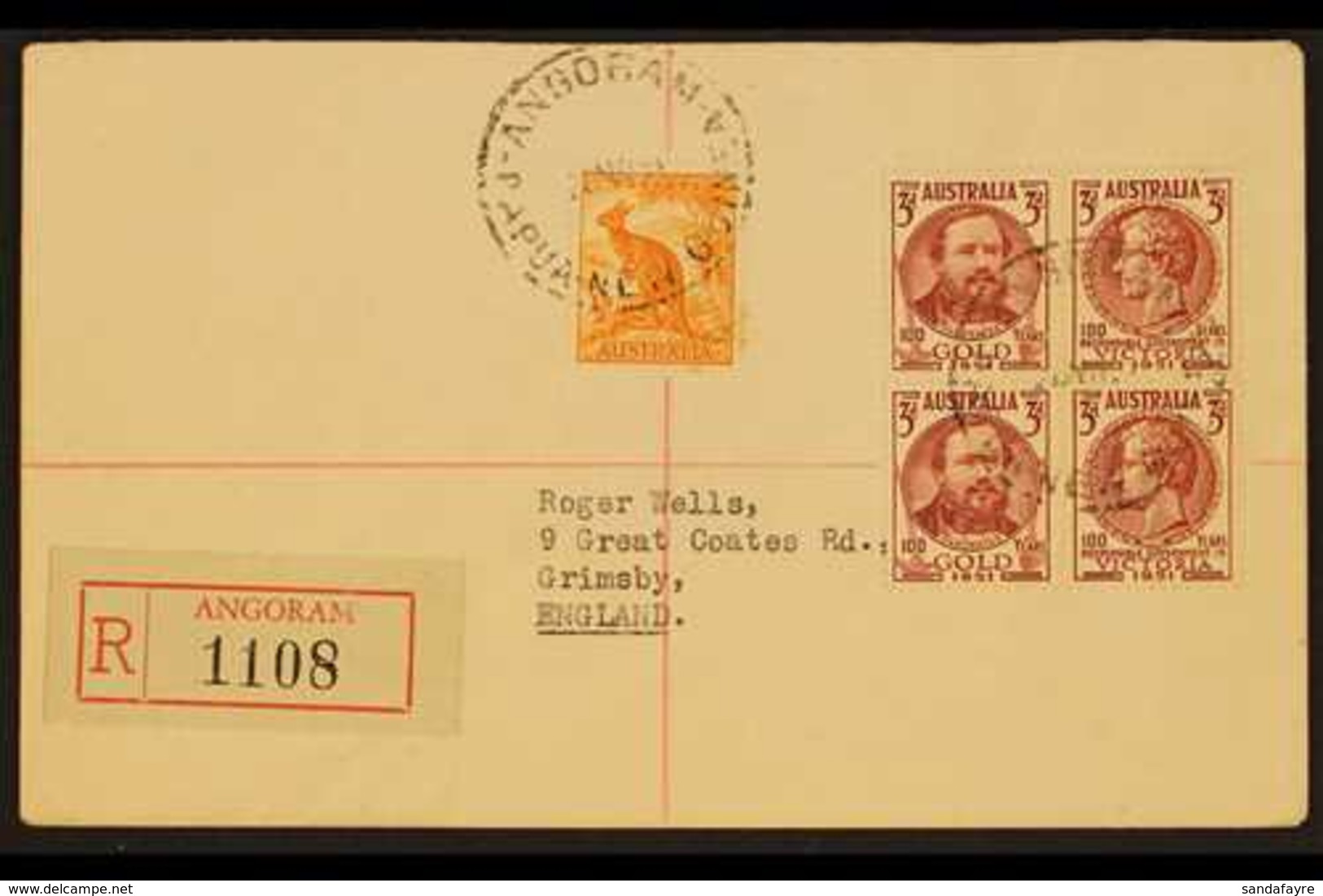 1951 (Nov) Cover To England Franked Australia ½d Defin & 3d Centenary Block Of Four Tied By ANGORAM Postmarks Plus Regis - Papua-Neuguinea