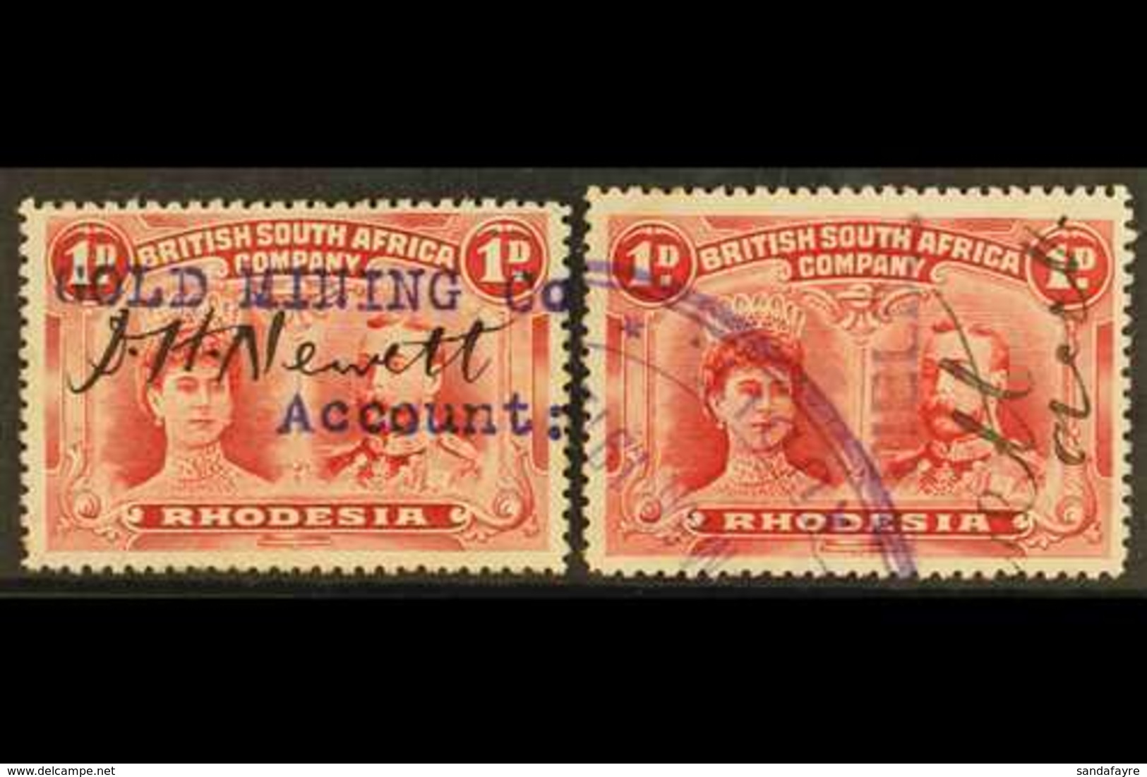 GOLD MINING 1910-13 1d Carmine Double Heads, Fiscally Used Circa 1912, With "Gold Mining Co" And "Goldfields" Overprint/ - Autres & Non Classés