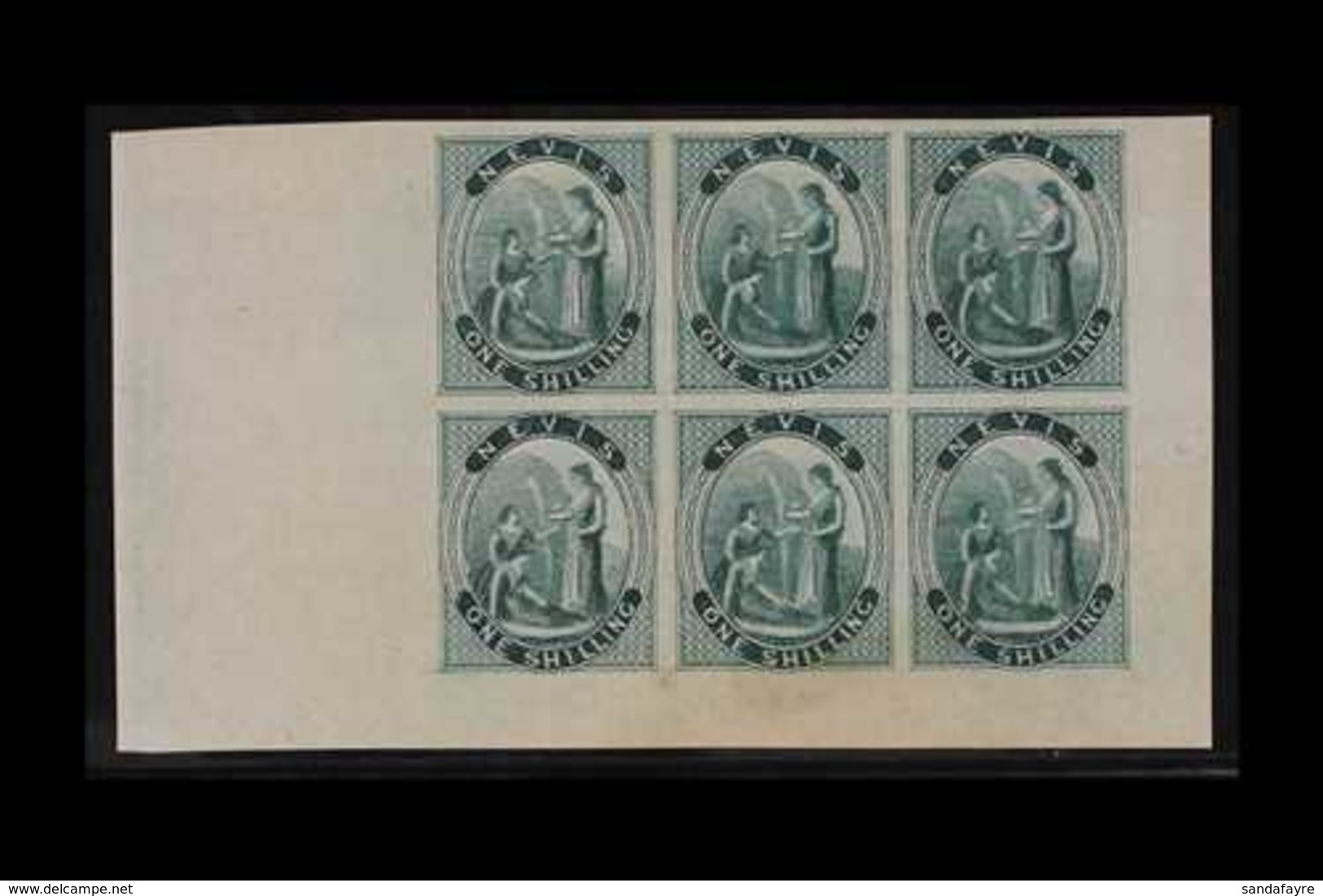 1862 IMPERF PROOFS. 1s Green (as SG 4) IMPERF PROOFS BLOCK Of 6 (positions 7 To 12) Printed On Thin Ungummed Greyish Pap - St.Christopher-Nevis & Anguilla (...-1980)