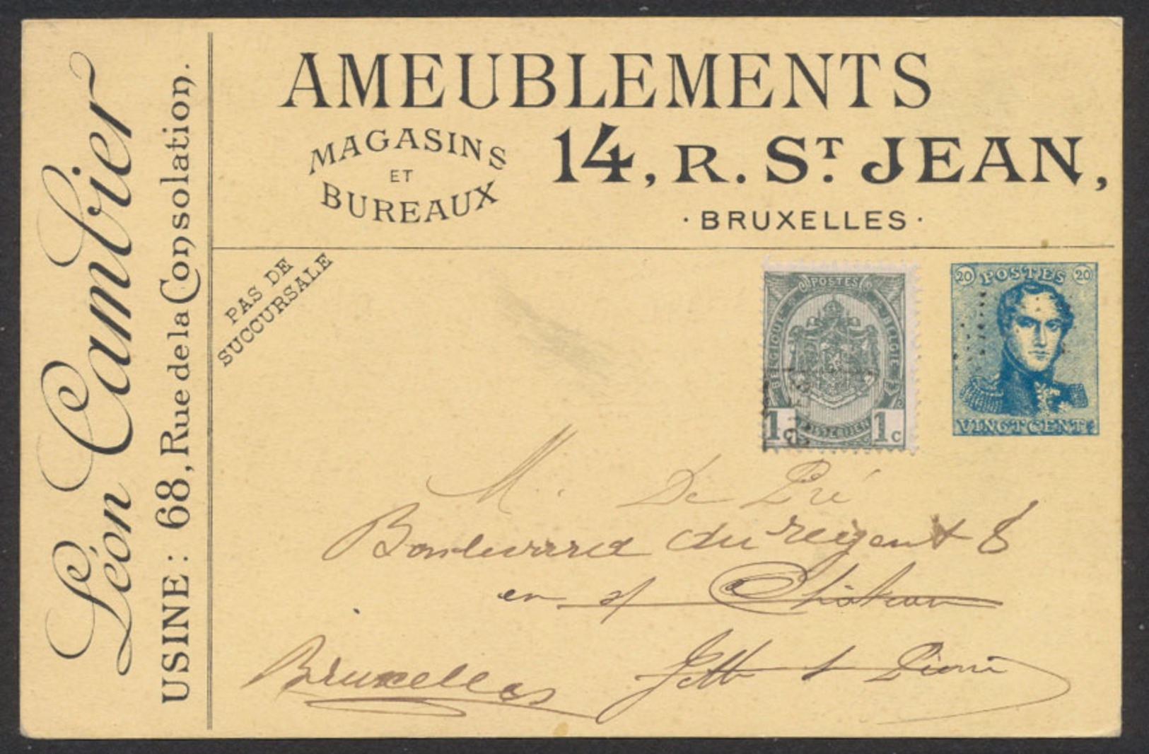 Imprimé Publicitaire Privé Type épaulette N°2 (Ameubleuments R. St Jean, Bruxelles) + N°53 Préo Peu Lisible Vers BXL. - 1893-1900 Schmaler Bart
