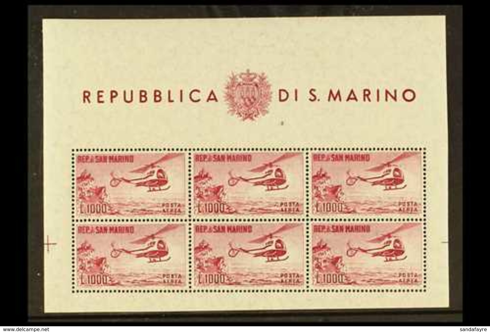 1961 1000L Carmine, Helicopter Miniature Sheet, Mi. 696 Klb, Sassone 22, Superb Never Hinged Mint. For More Images, Plea - Sonstige & Ohne Zuordnung