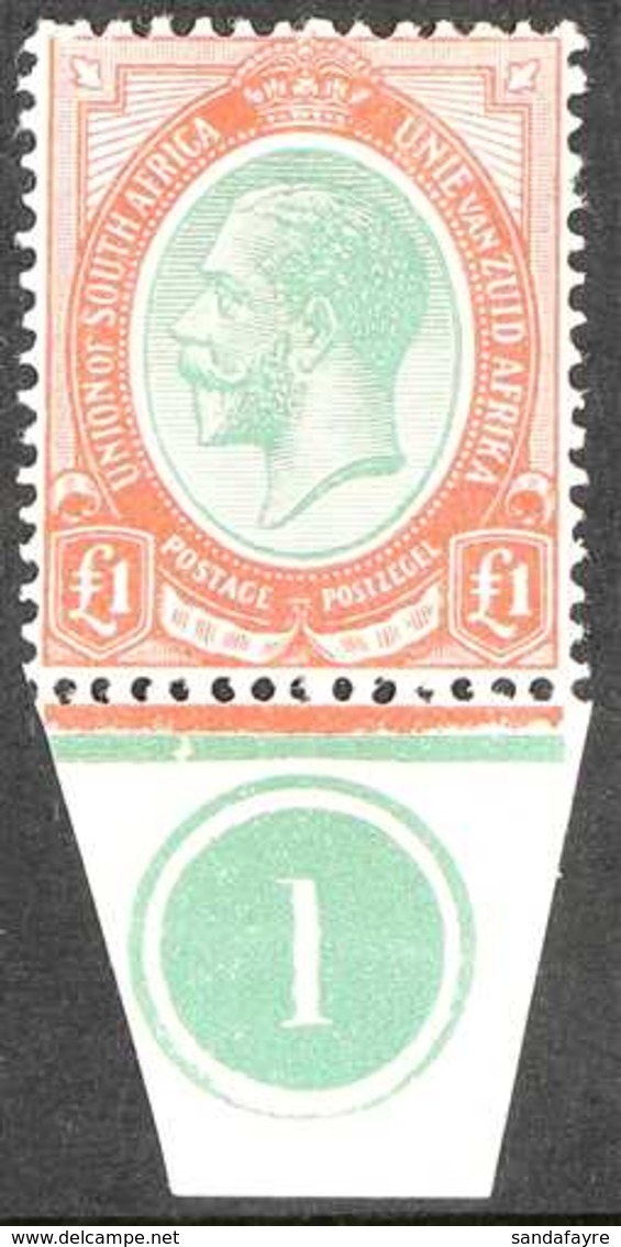 1913-24 KGV £1 Green And Red, SG 17, Lower Marginal Example Including Plate Number "1", Very Fine Lightly Hinged Mint. L - Zonder Classificatie
