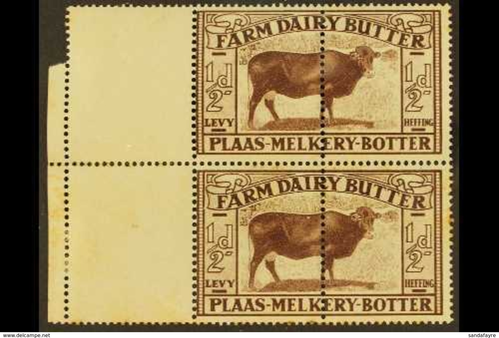 FARM DAIRY LEVY REVENUE STAMPS 1930 ½d Brown Cow, Unmounted Mint Vertical Pair Of Complete Stamps, Margins At Left, Some - Unclassified