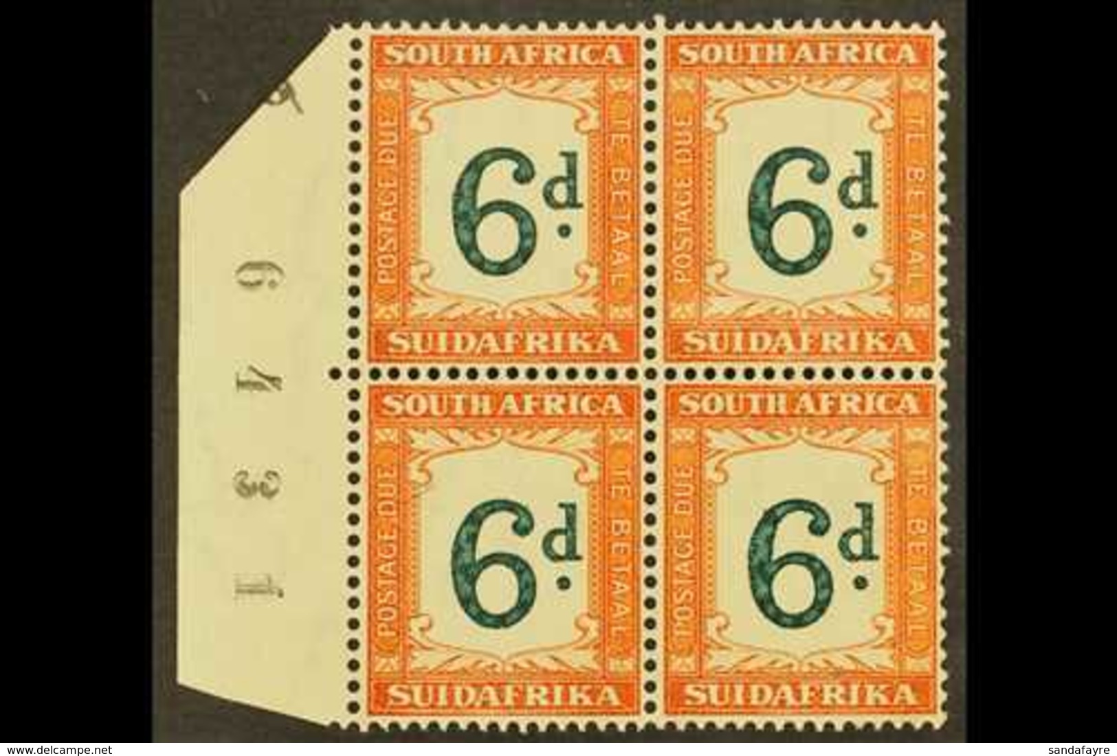 POSTAGE DUES 1932-42 6d Green & Brown-ochre, SHEET NUMBER Block Of 4, SG D29a, Never Hinged Mint. For More Images, Pleas - Non Classés