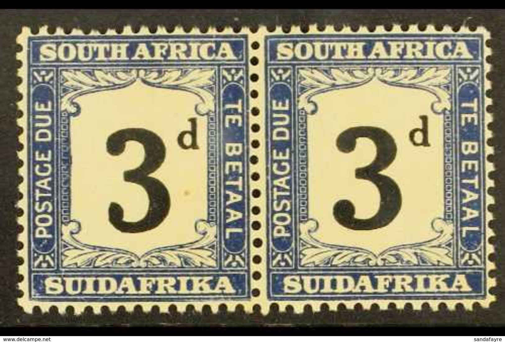 POSTAGE DUES 1927-8 3d Black & Blue, Horizontal Pair With WARPED "3" VARIETY, SG D20, Fine Mint. For More Images, Please - Unclassified