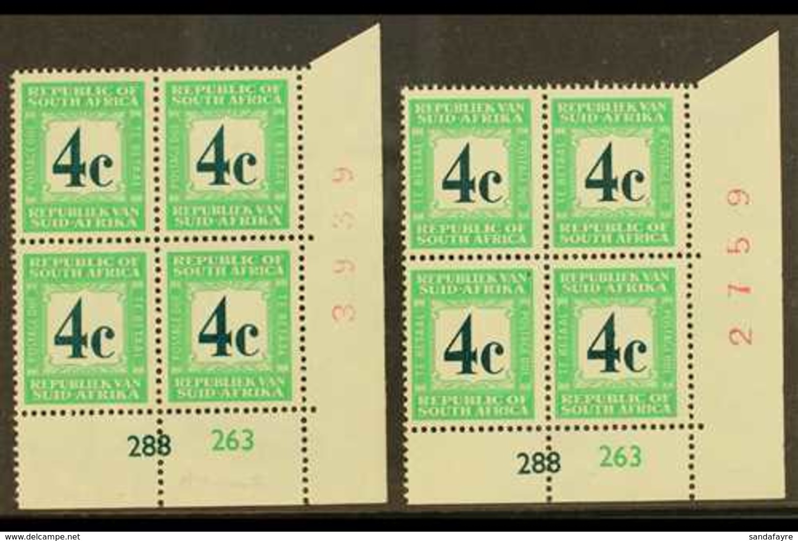 POSTAGE DUES 1961-9 4c Deep Myrtle-green & Light Emerald, Cylinder Blocks Of 4 Of Each Language Setting, SG D54, 54a, Ne - Ohne Zuordnung