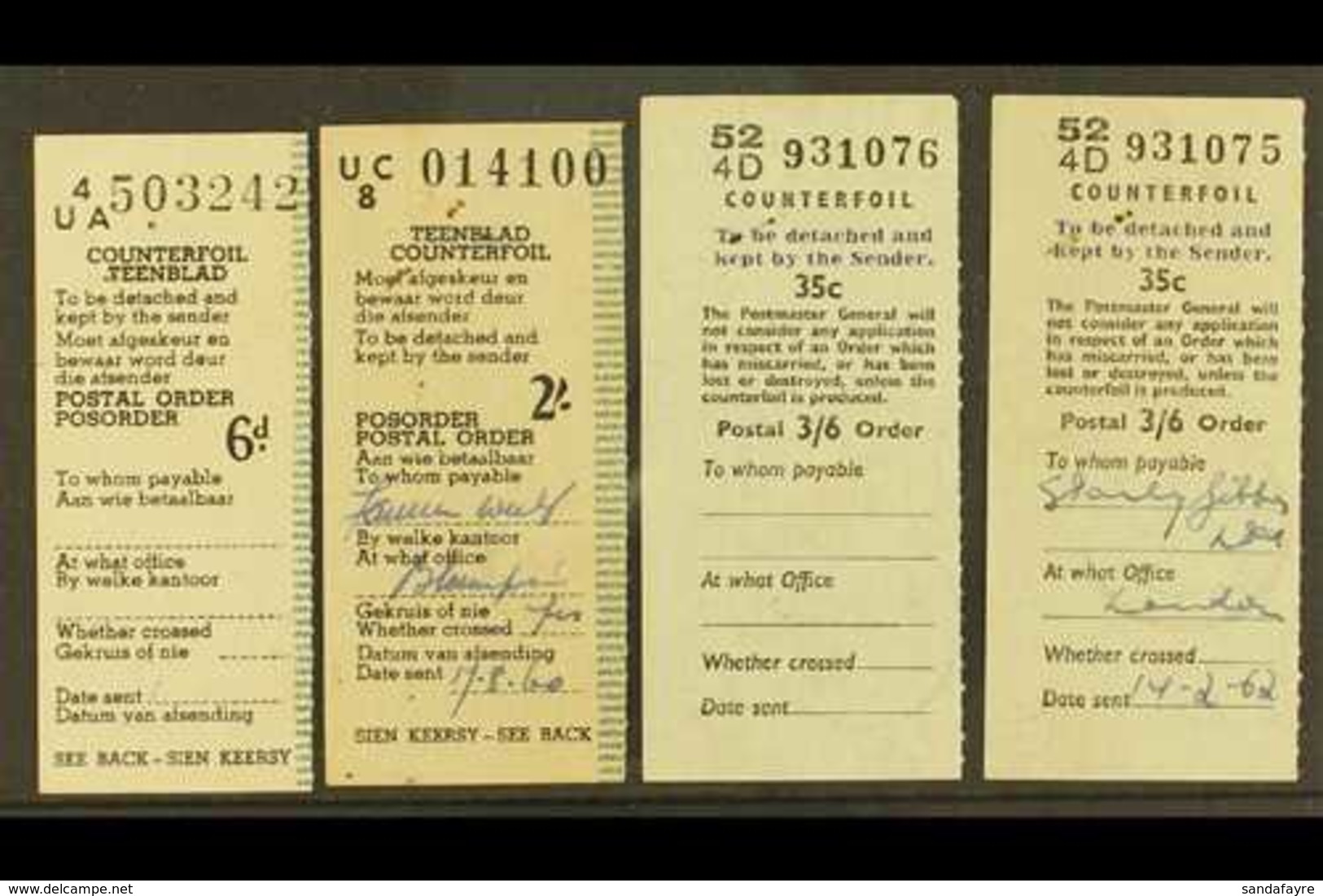 POSTAL ORDER COUNTERFOILS Group Incl. Two Union Type 6d & 2s Values With "Ramsgate" 9.8.60 C.d.s. On Reverse And GB Type - Ohne Zuordnung