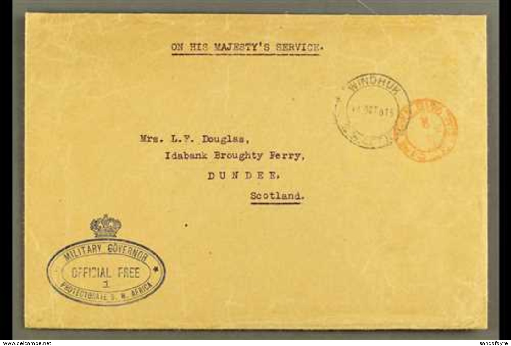 1915 (11 Oct) Stampless OHMS Cover To Scotland, Bearing "Windhuk" & Red "Cape Town Official Paid" Cds's And Superb Blue  - South West Africa (1923-1990)