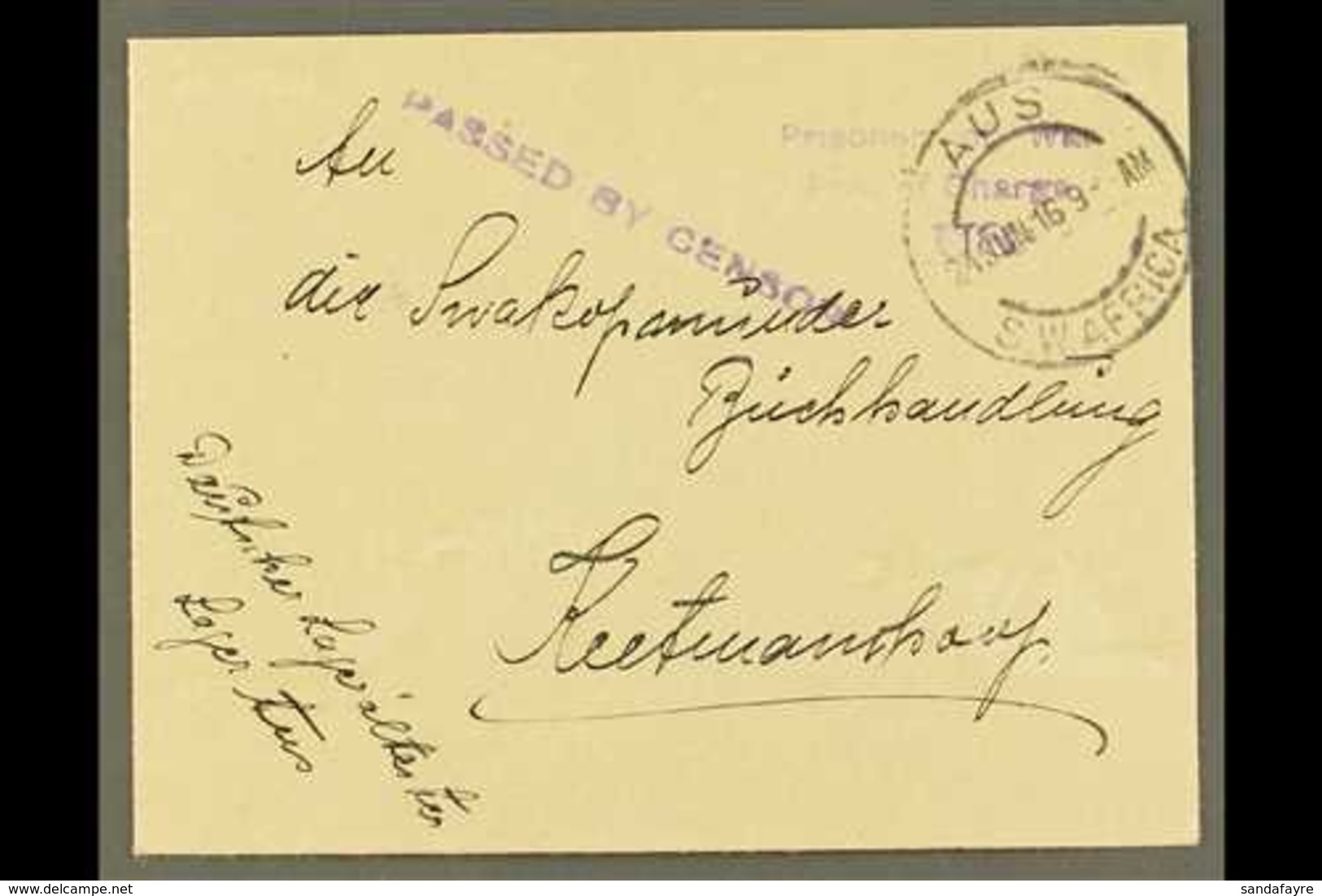 1916 (24 Jun) Stampless Env To Keetmanshoop With "Prisoner Of War / Free Of Charge / AUS" Three Line Violet Cachet And " - Africa Del Sud-Ovest (1923-1990)