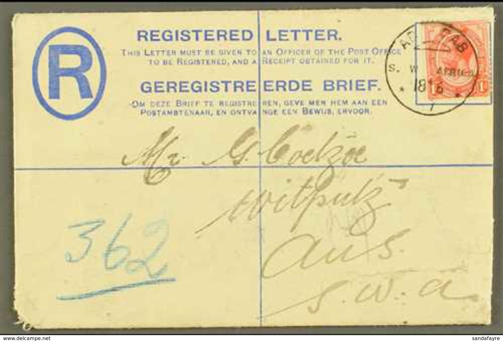 1917 (18 Jun) 4d Blue Registered Envelope To Aus Uprated With 1d Union Stamp Tied By Fine "AR OAB" Altered German Cds Po - South West Africa (1923-1990)
