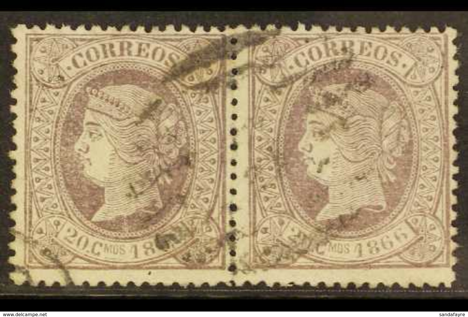 1866 20c De E. Lilac Perf 14, SG 98 (Edifil 86), Very Fine Used PAIR. A Scarce Multiple. For More Images, Please Visit H - Andere & Zonder Classificatie