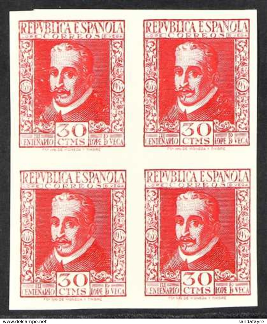 1935 30c Carmine "Lope De Vega", Variety "IMPERFORATE BLOCK OF 4", Edifil 691s, As SG 782, Never Hinged Mint (4 Stamps)  - Sonstige & Ohne Zuordnung