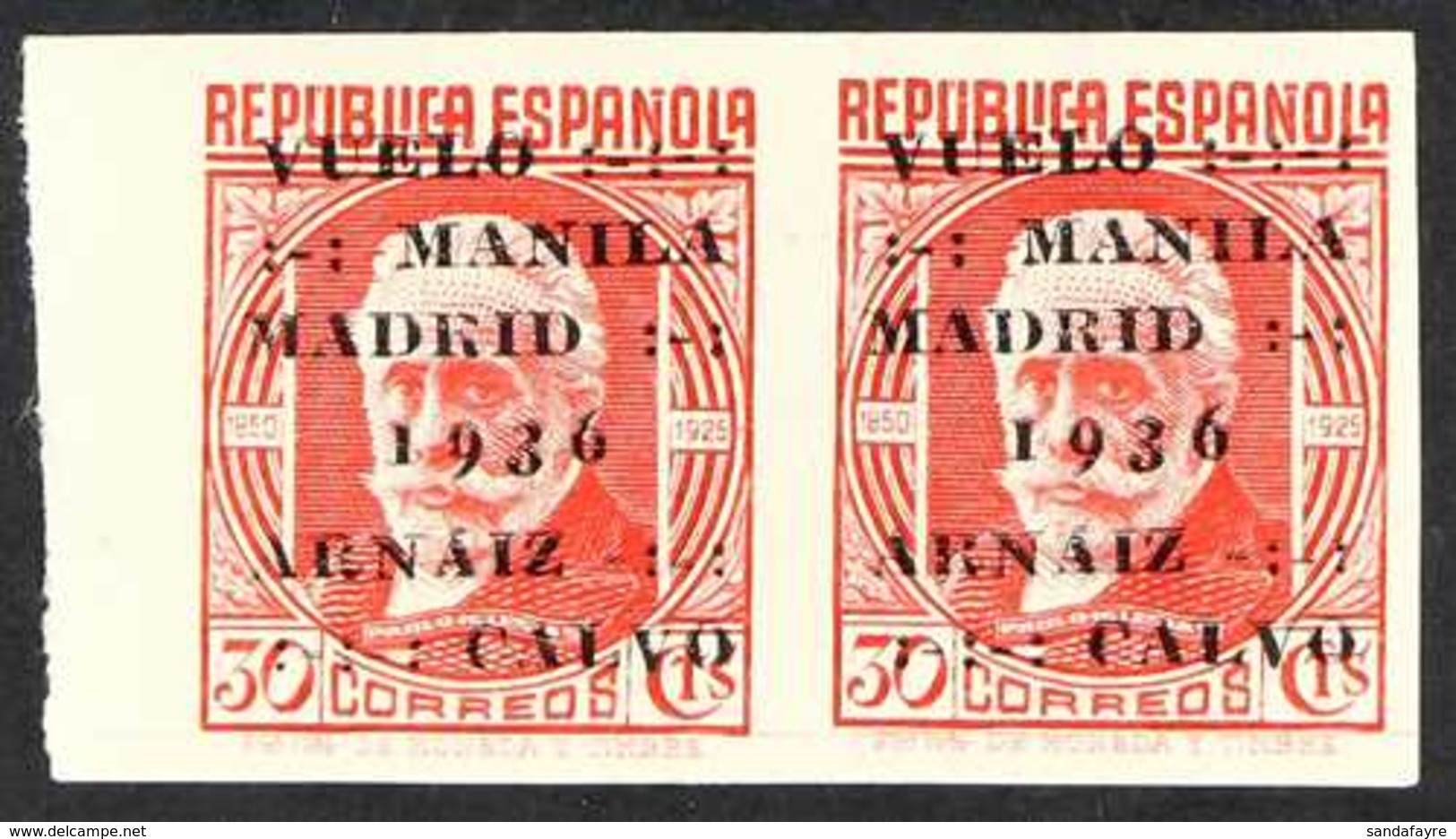 1936 30c Red Overprinted "Vuelo Manila-Madrid 1936", Variety IMPERFORATE, Edifil 741s, HORIZONTAL PAIR, Never Hinged Min - Autres & Non Classés