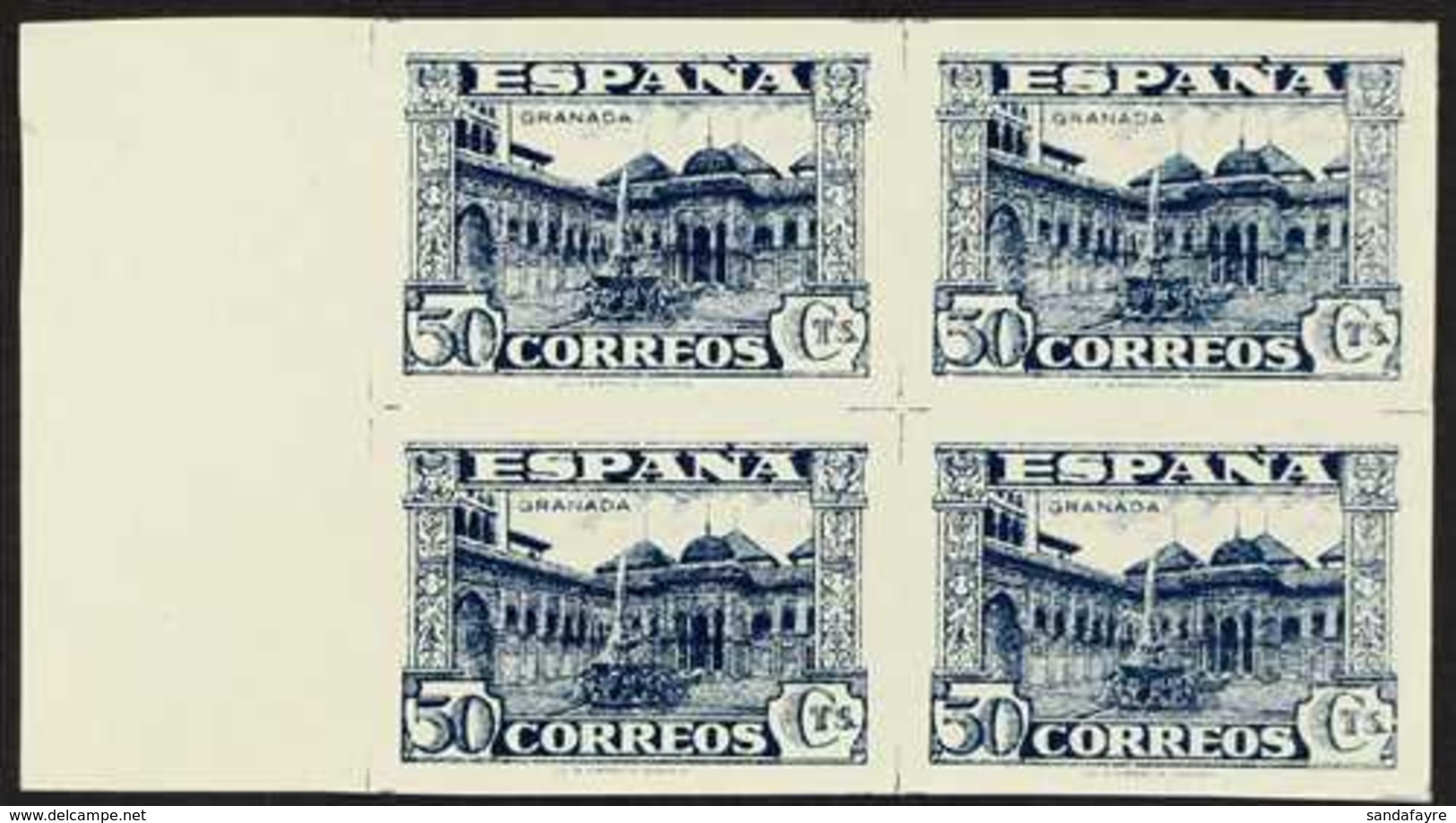 1936 50c Deep Blue "Granada", Variety IMPERFORATE, Edifil 809s, Marginal Block Of 4, Never Hinged Mint For More Images,  - Autres & Non Classés