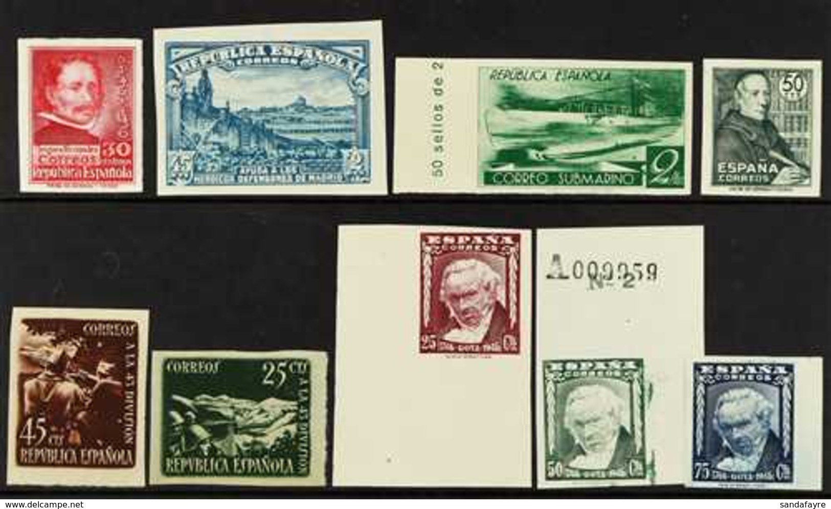 1937-1946 NHM IMPERFORATE SELECTION Presented On A Stock Card That Includes A 1937 30c Carmine Fernandez, 1938 2 Peseta  - Sonstige & Ohne Zuordnung