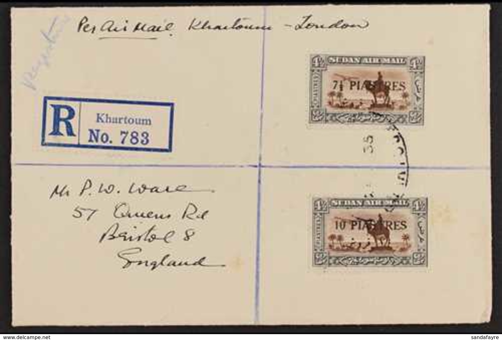 1935 7½pi On 4pi & 10pi On 4pi Used On Registered, Airmail Cover, 10pi With Serif Missing From Last  "S" In "PIASTRES,"  - Sudan (...-1951)