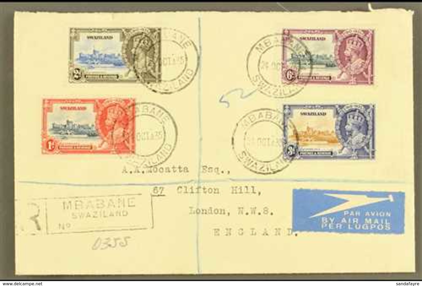 1935 Silver Jubilee Complete Set, SG 21/24, Fine Used On Registered Air Cover To London, Mbabane Cds's.  For More Images - Swasiland (...-1967)