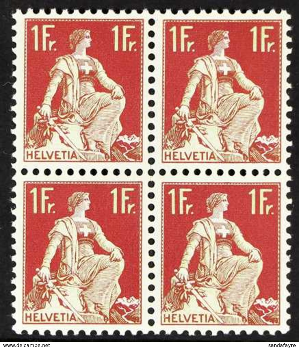 1933  1fr Pale Green & Claret "Helvetia", Grilled Gum, Mi 190z, SG 245a, Block Of 4, Never Hinged Mint (4 Stamps) For Mo - Other & Unclassified