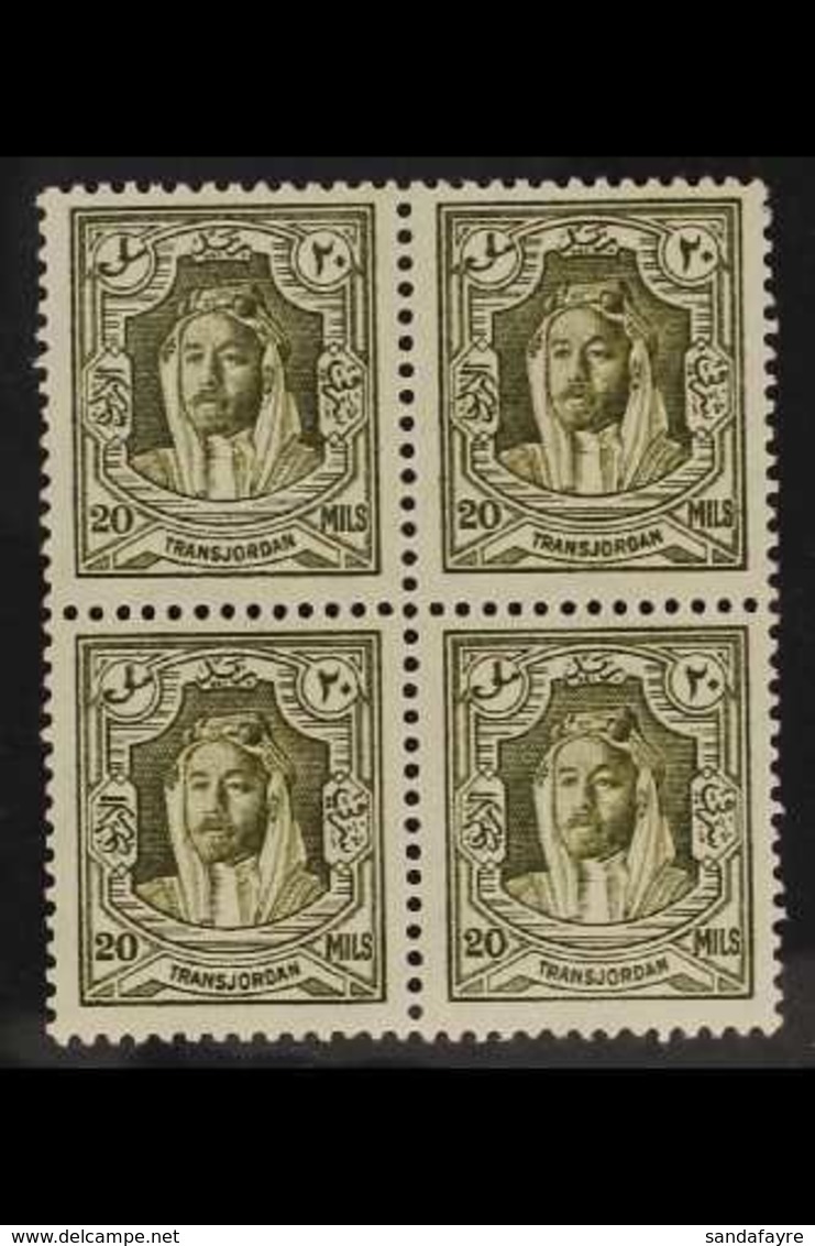 1930-39 20m Olive-green, Perf 13½ X 13, Very Fine Mint BLOCK OF FOUR, Three Stamps Never Hinged. For More Images, Please - Jordanie