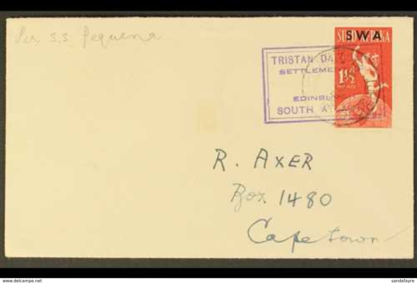 1949 (15 DEC) Hand Addressed Cover To Cape Town Bearing SWA 1½d Tied By "TRISTAN DA CUNHA / SETTLEMENT OF / EDINBURGH /  - Tristan Da Cunha