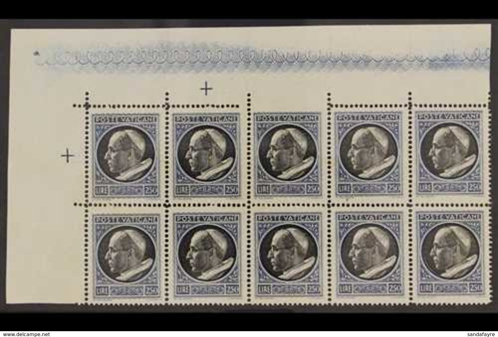 1945 VARIETY 2.50L Blue And Black, Pius XII, Corner Block Of 10, Row 1/3, Showing The Variety "Imperf At Top", Sass 96d, - Other & Unclassified