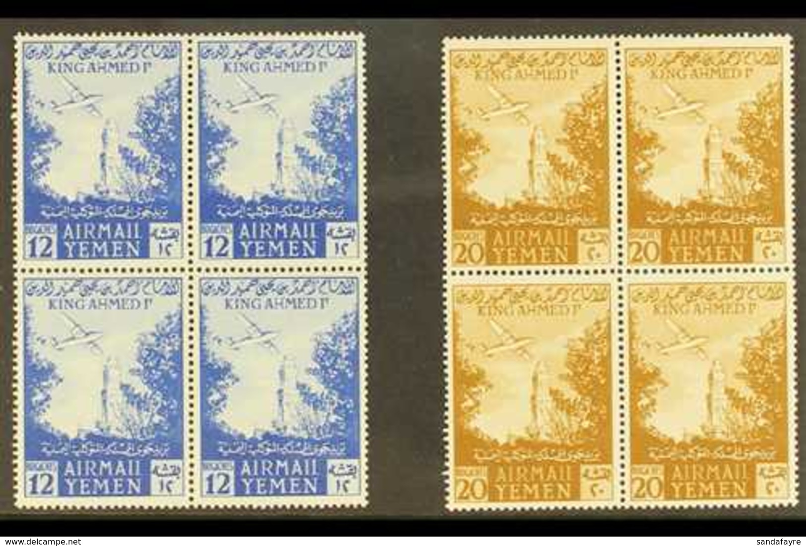1953 Air Post 12b Bright Blue & 20b Light Bistre Brown (SG 104/05) BLOCKS OF 4, Never Hinged Mint (2 Blocks = 8 Stamps)  - Yemen