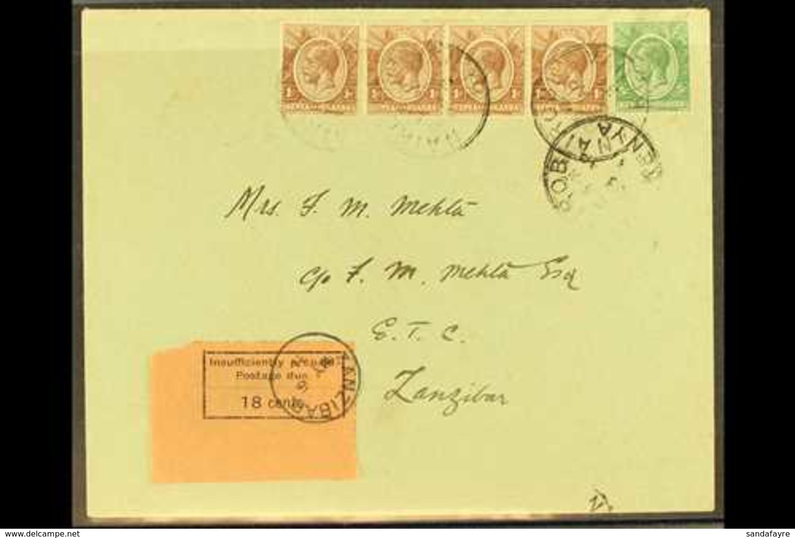 POSTAGE DUE 1931 (23 Apr) Cover From Nairobi Bearing Kenya And Uganda 1c (x4) & 5c Stamps Tied By "Nairobi" Cds's, Plus  - Zanzibar (...-1963)