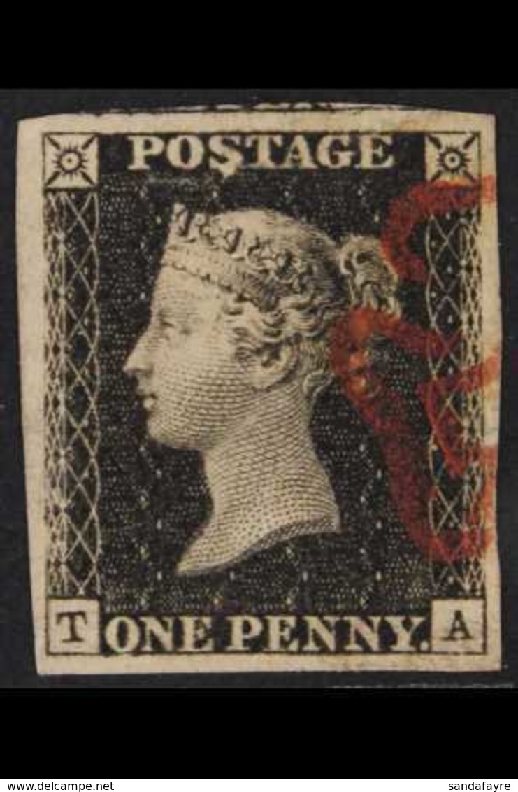 1840 1d Black, Lettered "T A", SG 2, Very Fine Used With Four Good To Large Margins Showing Small Part Of Stamp To Top,  - Unclassified