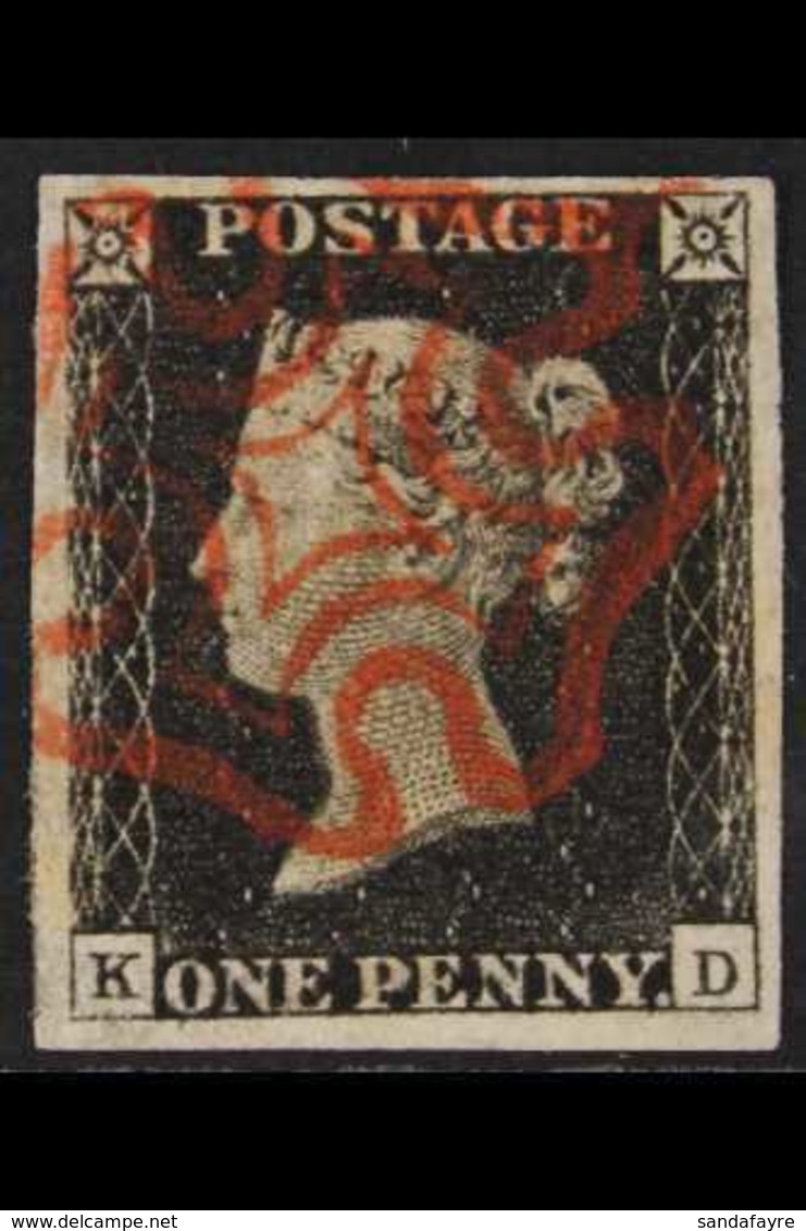 1840 1d Black, Lettered "K D", Plate 2, SG 2, Very Fine Used With Four Good To Large Margins And Crisp Red MX Cancellati - Zonder Classificatie