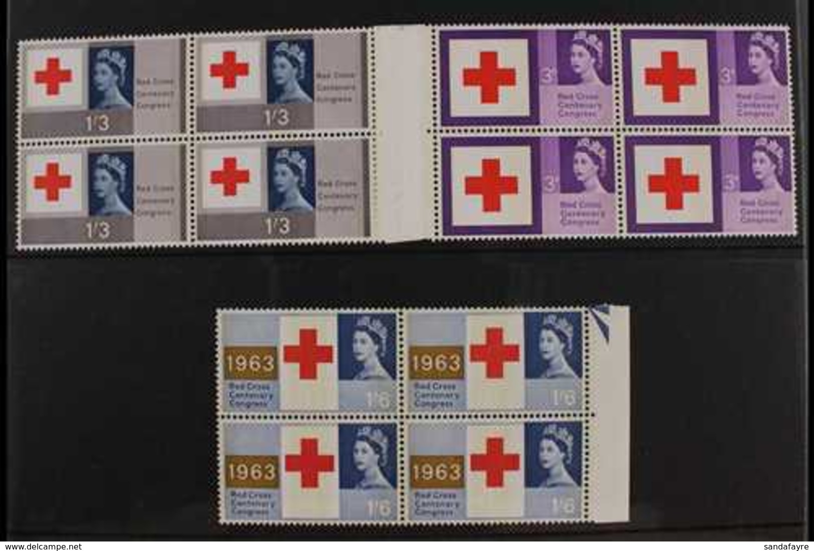 1963 Red Cross Congress Phosphor Complete Set, SG 642p/44p, Superb Never Hinged Mint Marginal BLOCKS Of 4, Very Fresh. ( - Other & Unclassified