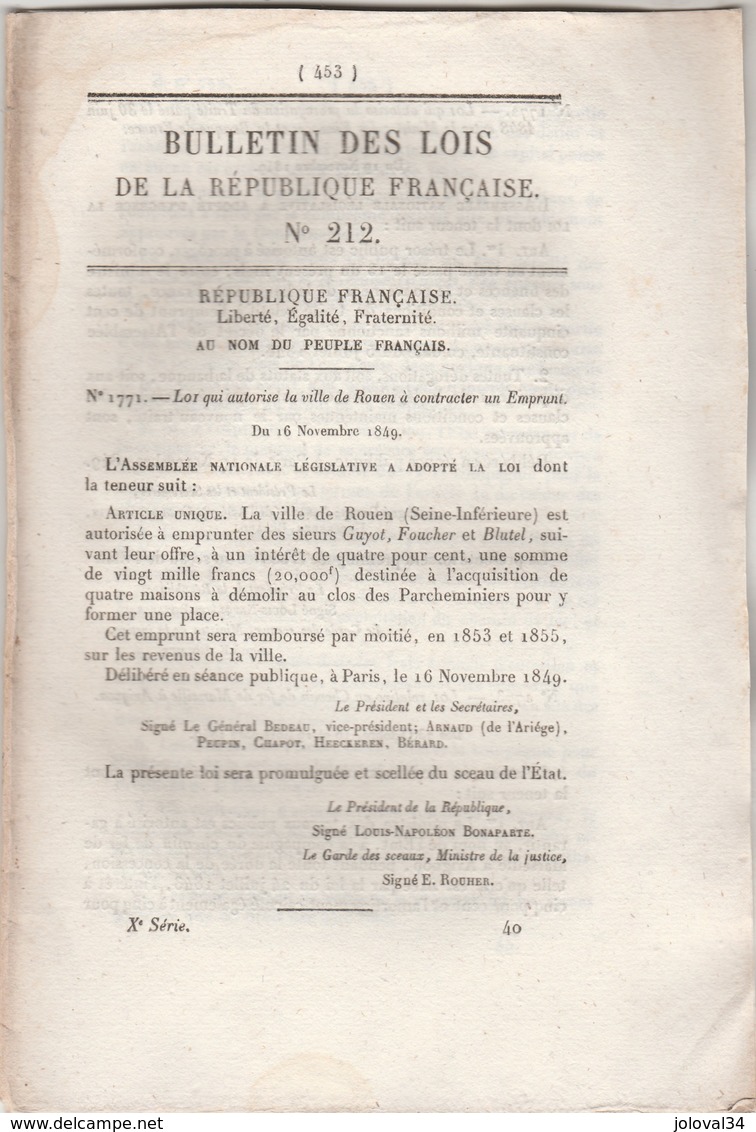 Bulletin Des Lois 212 De 1849 Chemin De Fer Marseille Avignon, Pont Laneuville à Bayard (52) Trouville (14 ) Tarif Péage - Wetten & Decreten