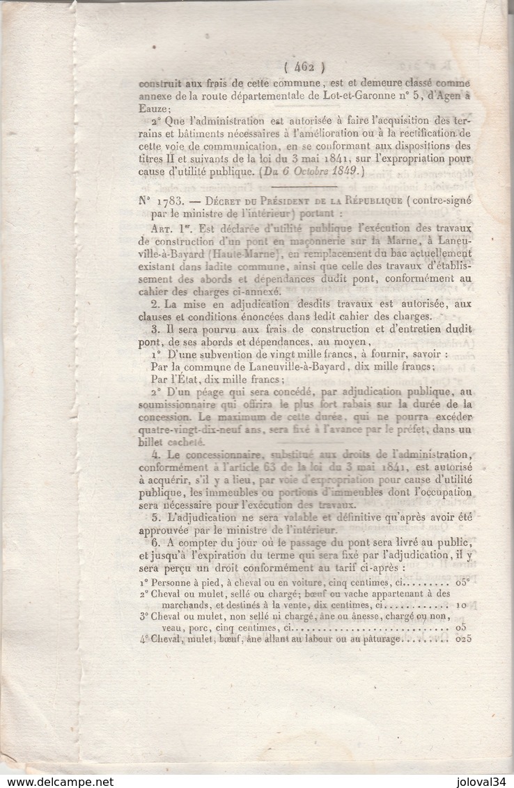 Bulletin Des Lois 212 De 1849 Chemin De Fer Marseille Avignon, Pont Laneuville à Bayard (52) Trouville (14 ) Tarif Péage - Wetten & Decreten