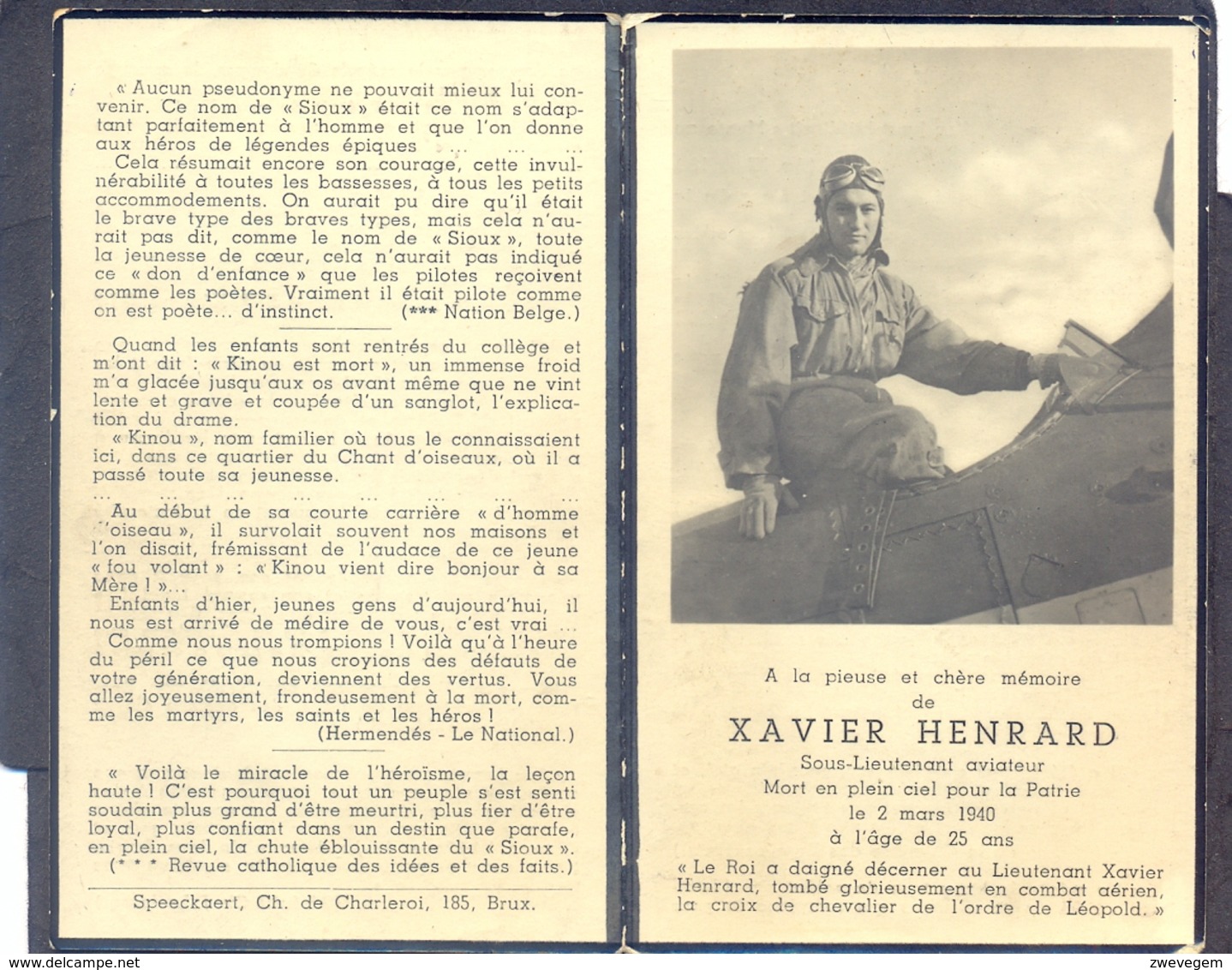 XAVIER HENRARD - Sous-Lieutenant Aviateur - Mort En Plein Ciel Pour La Patrie Le 2 Mars 1940 - Images Religieuses