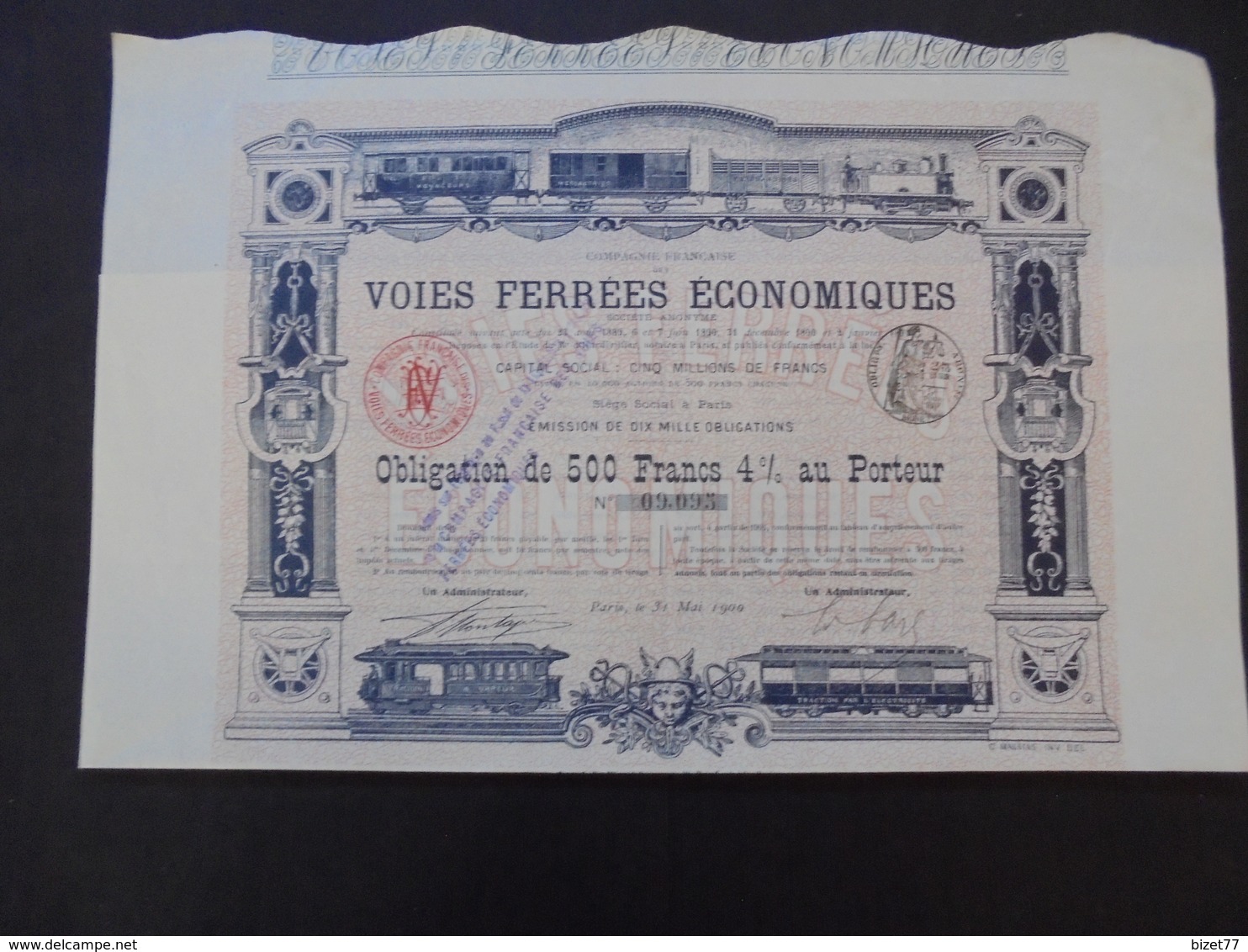 FRANCE - PARIS 1900 - CIE FRANCAISE DES VOIES FERREES ECONOMIQUES - OBLIGATION 500 FRS 4% - BELLE DECO - Autres & Non Classés