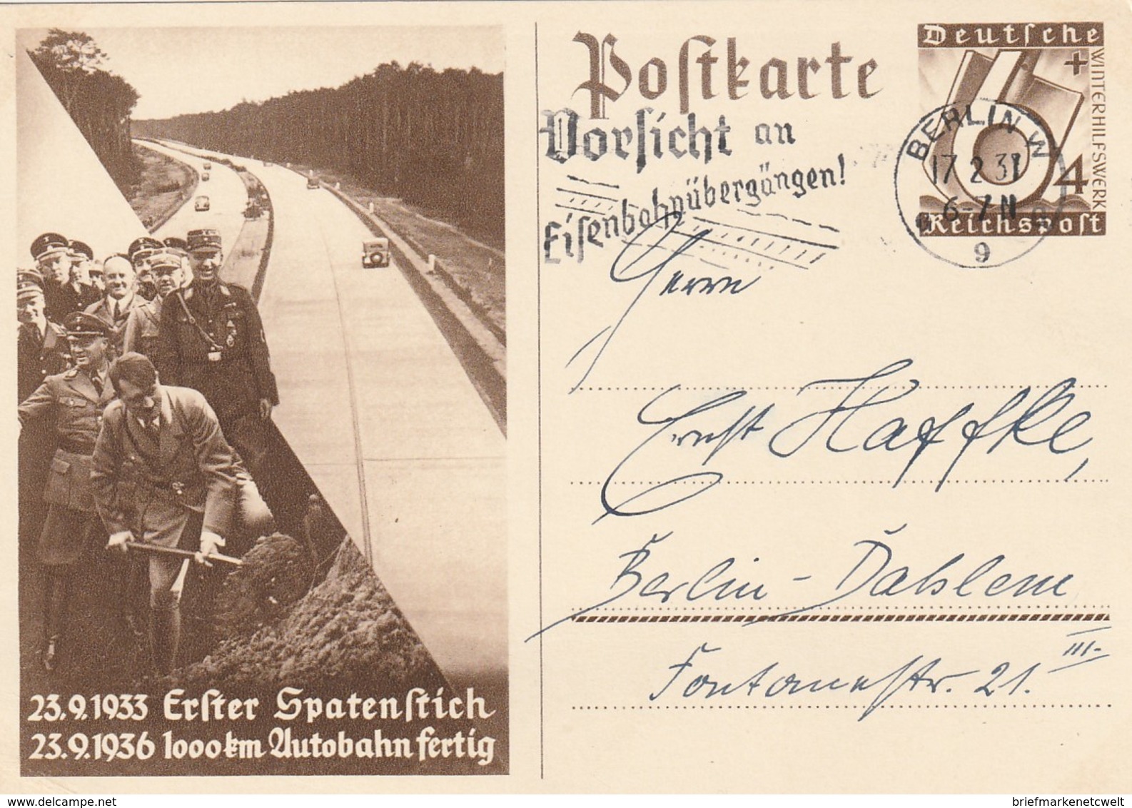 Deutsches Reich / 1936 / Postkarte Mi. P 263 Masch.-Stempel Berlin "Vorsicht An Eisenbahnuebergaengen" (5507) - Other & Unclassified