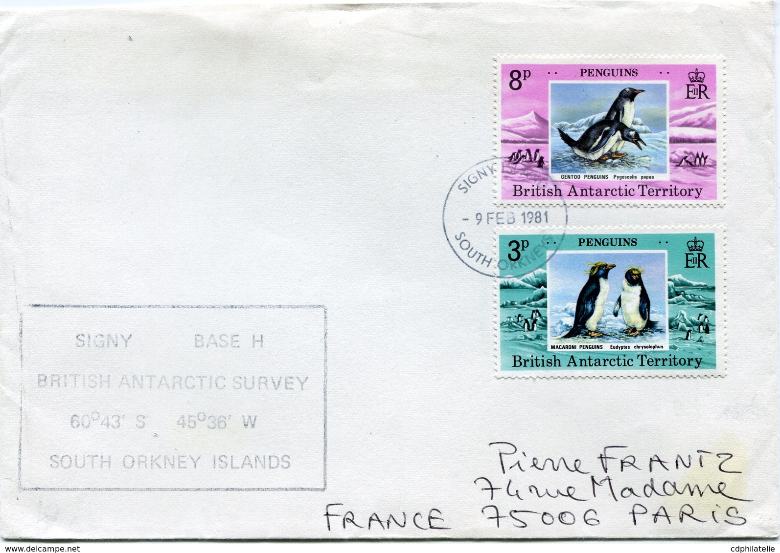B. A. T. LETTRE DEPART SIGNY ISLAND 9 FEB 1981 SOUTH ORKNEYS POUR LA FRANCE - Lettres & Documents