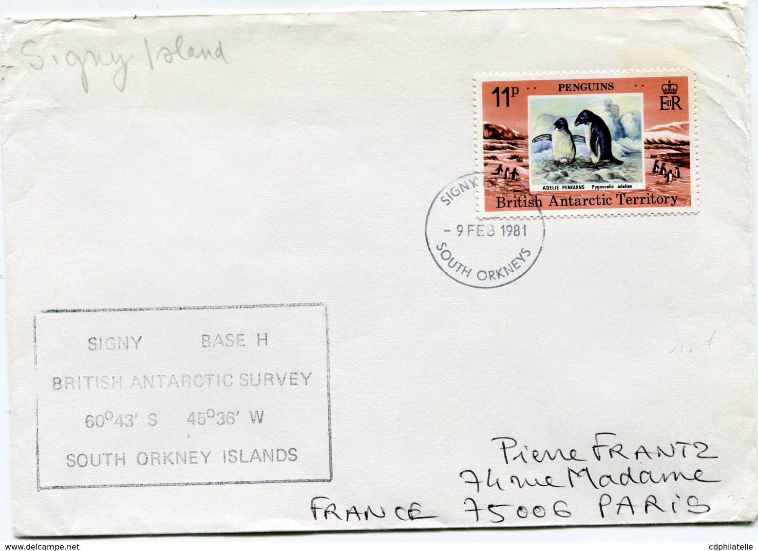 B. A. T. LETTRE DEPART SIGNY ISLAND 9 FEB 1981 SOUTH ORKNEYS POUR LA FRANCE - Storia Postale