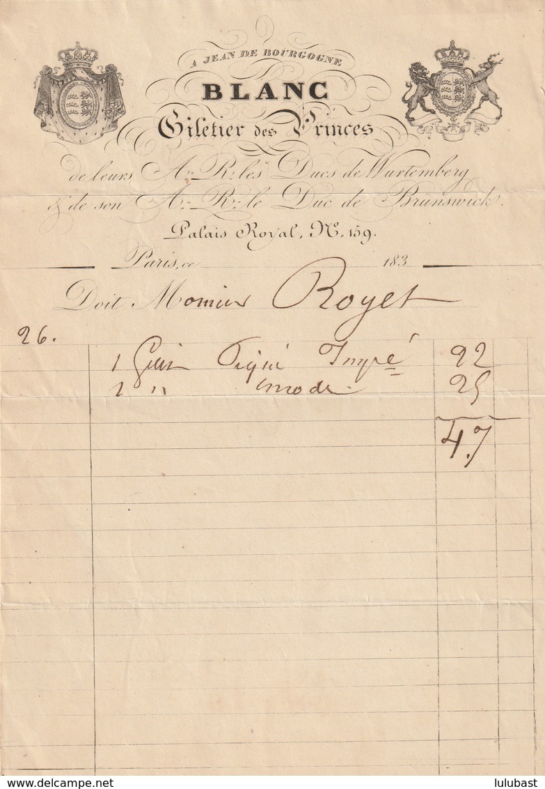 PARIS : Facture Illustrée Du Giletier Des Princes " A Jean De Bourgogne", 159 Palais Royal.... - 1800 – 1899