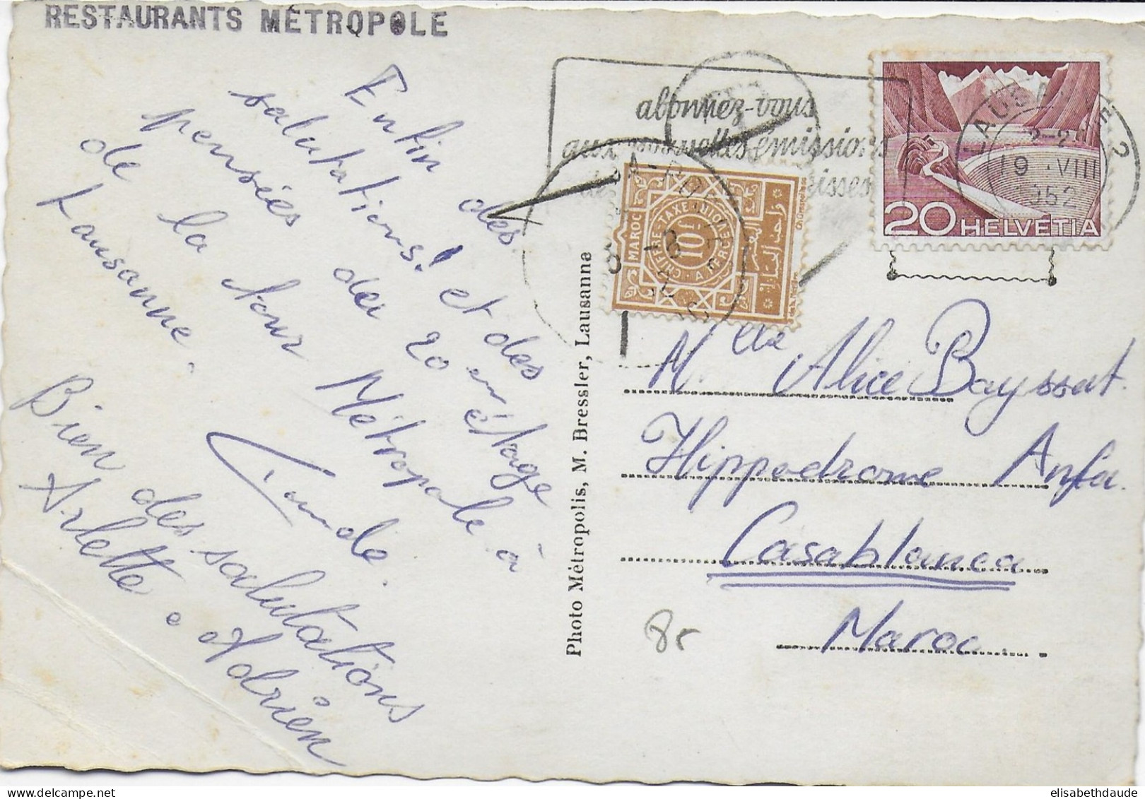 1952 - TAXE Du MAROC Sur CARTE De LAUSANNE (SUISSE) => CASABLANCA - Strafport