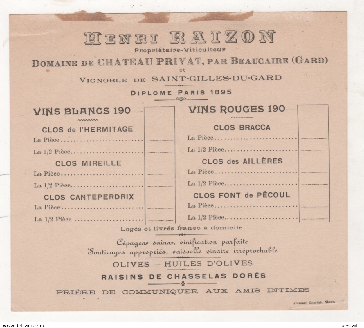 PUBLICITE HENRI RAIZON PROPRIETAIRE VITICULTEUR DOMAINE DE CHATEAU PRIVAT PAR BEAUCAIRE VIGNOBLE DE SAINT GILLES DU GARD - Publicités