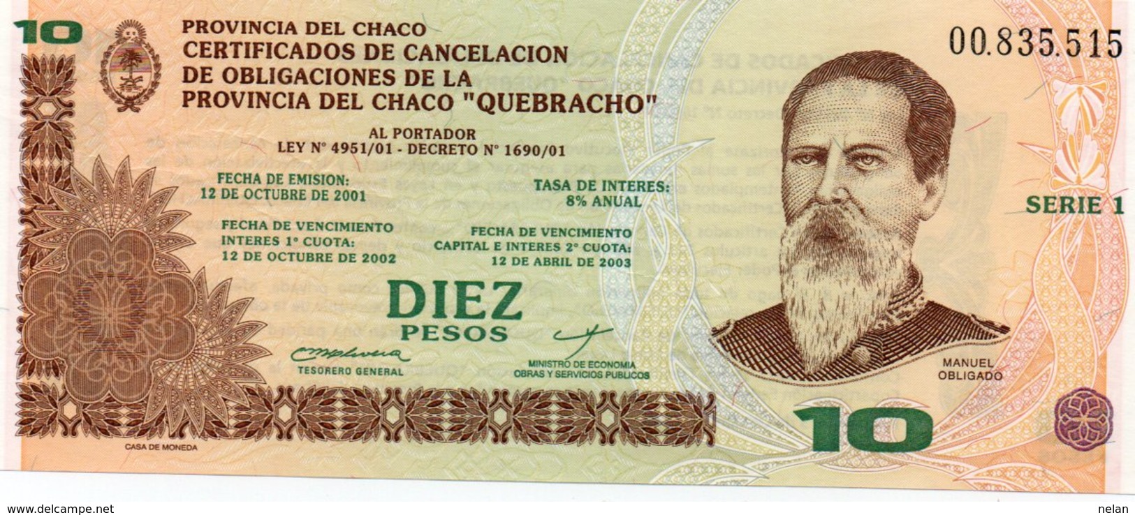 ARGENTINA 10 PESOS -PROVINCIA DEL CHACO  2001 P-S2362  UNC - Argentina