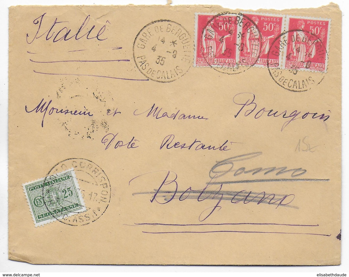 1935 - AFFR. PAIX Sur ENVELOPPE De GARE De BERGUETTE (PAS DE CALAIS) TAXE POSTE RESTANTE ITALIE => BOLZANO => COMO - 1921-1960: Période Moderne