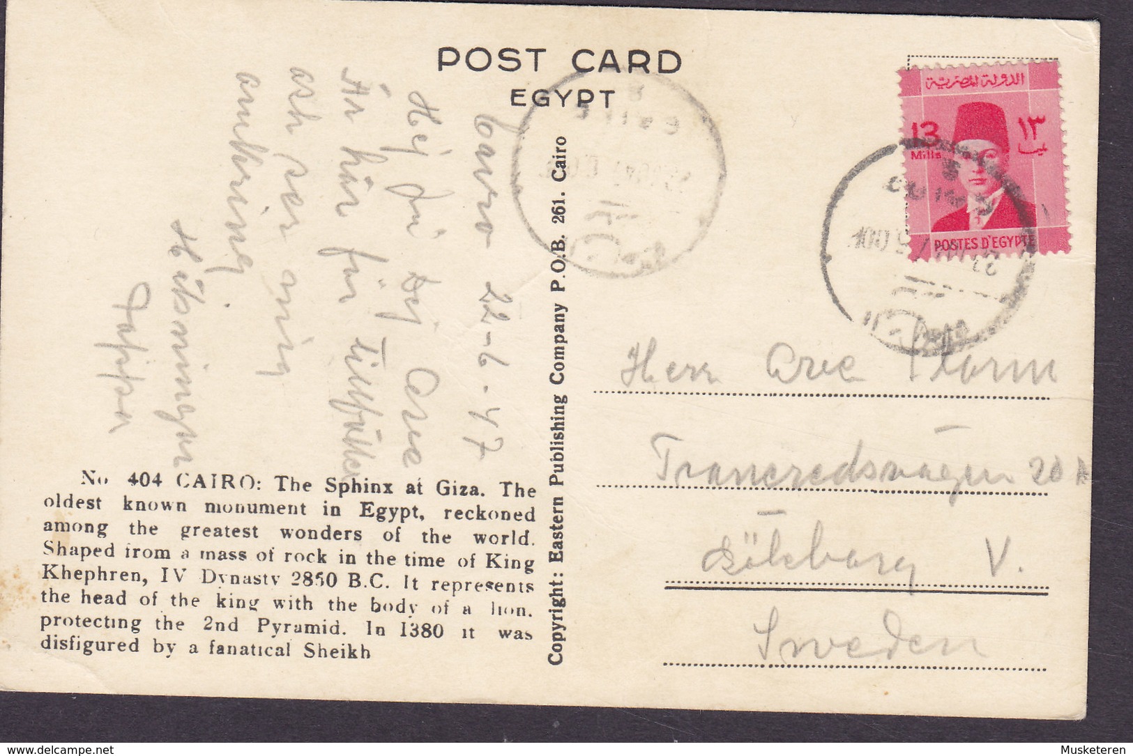 Egypt PPC Cairo Le Caire The Sphinx At Giza No. 404 CAIRO 1947 Sweden (2 Scans) - Kairo