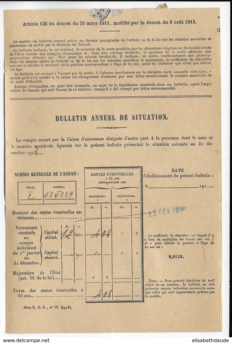 1914 - 1c BLANC SEUL Sur IMPRIME De La CAISSE NATIONALE Des RETRAITES - LYON => YGRANDE ALLIER - 1877-1920: Période Semi Moderne