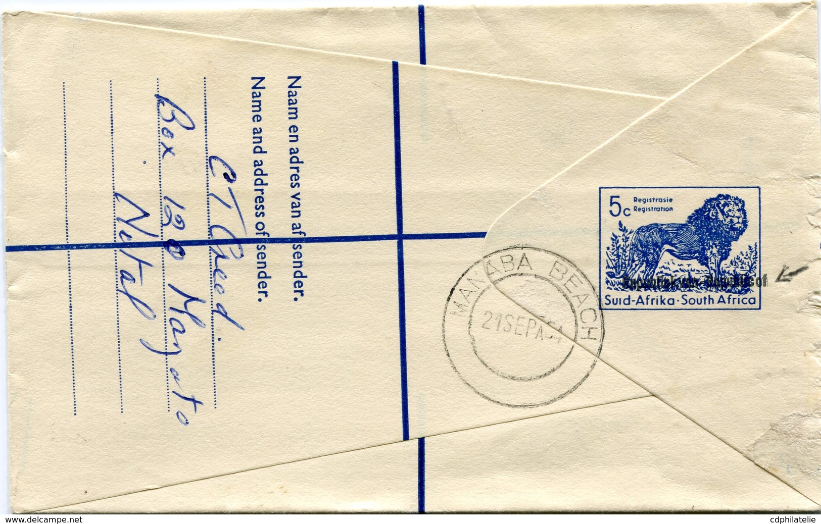 AFRIQUE DU SUD ENTIER POSTAL RECOMMANDE AVEC COMPLEMENT D'AFFRANCHISSEMENT DEPART MANABA BEACH 21 SEP 64 POUR........... - Covers & Documents