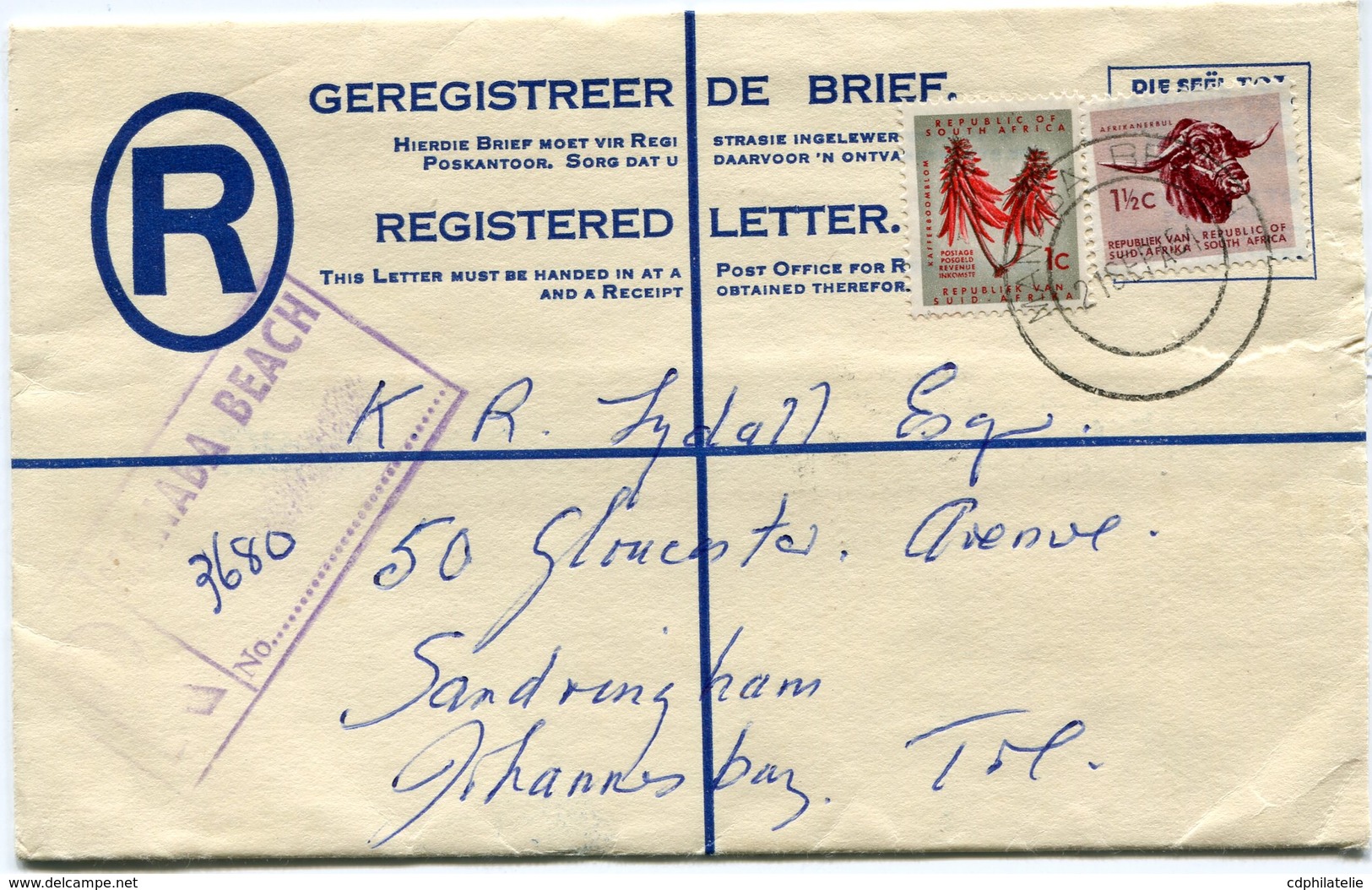 AFRIQUE DU SUD ENTIER POSTAL RECOMMANDE AVEC COMPLEMENT D'AFFRANCHISSEMENT DEPART MANABA BEACH 21 SEP 64 POUR........... - Storia Postale