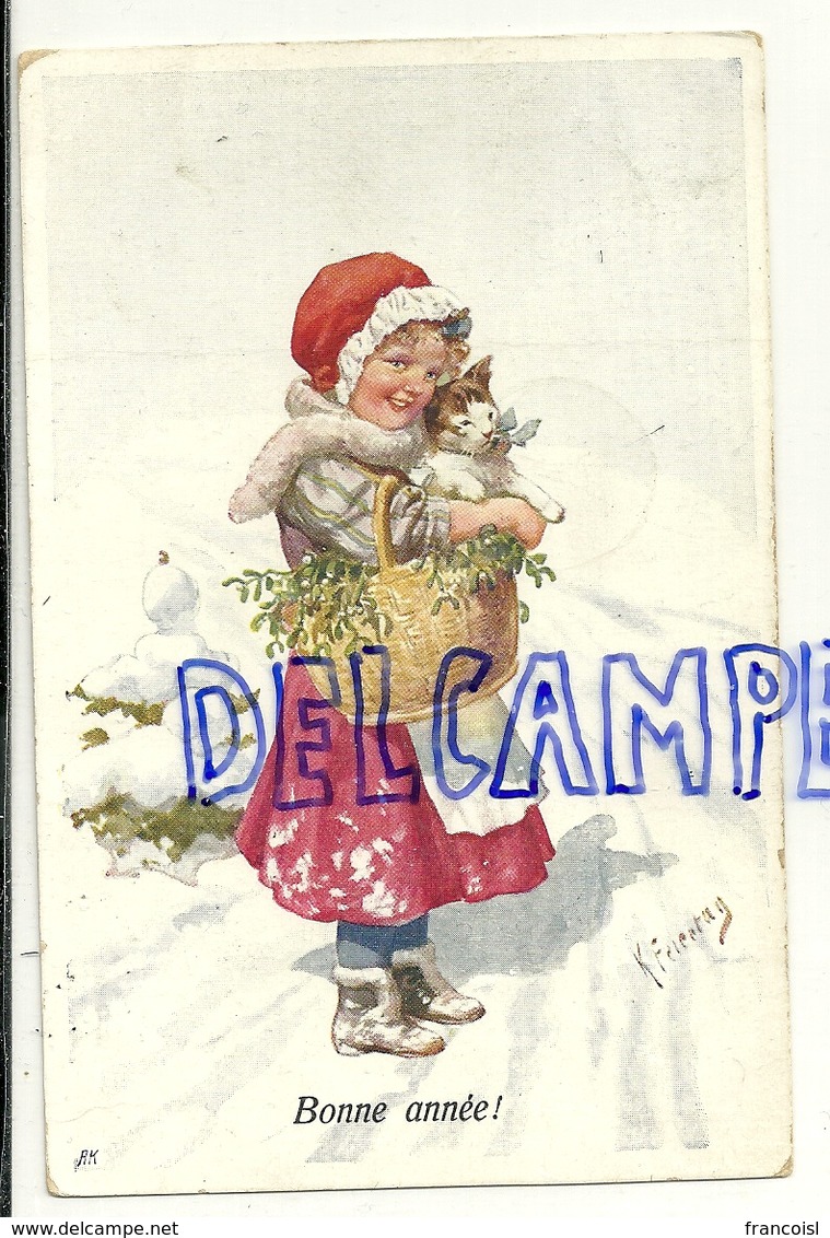 Bonne Année. Petite Fille Dans La Neige, Chat, Panier De Gui. Signée K. Feiertag. 1913 - Feiertag, Karl