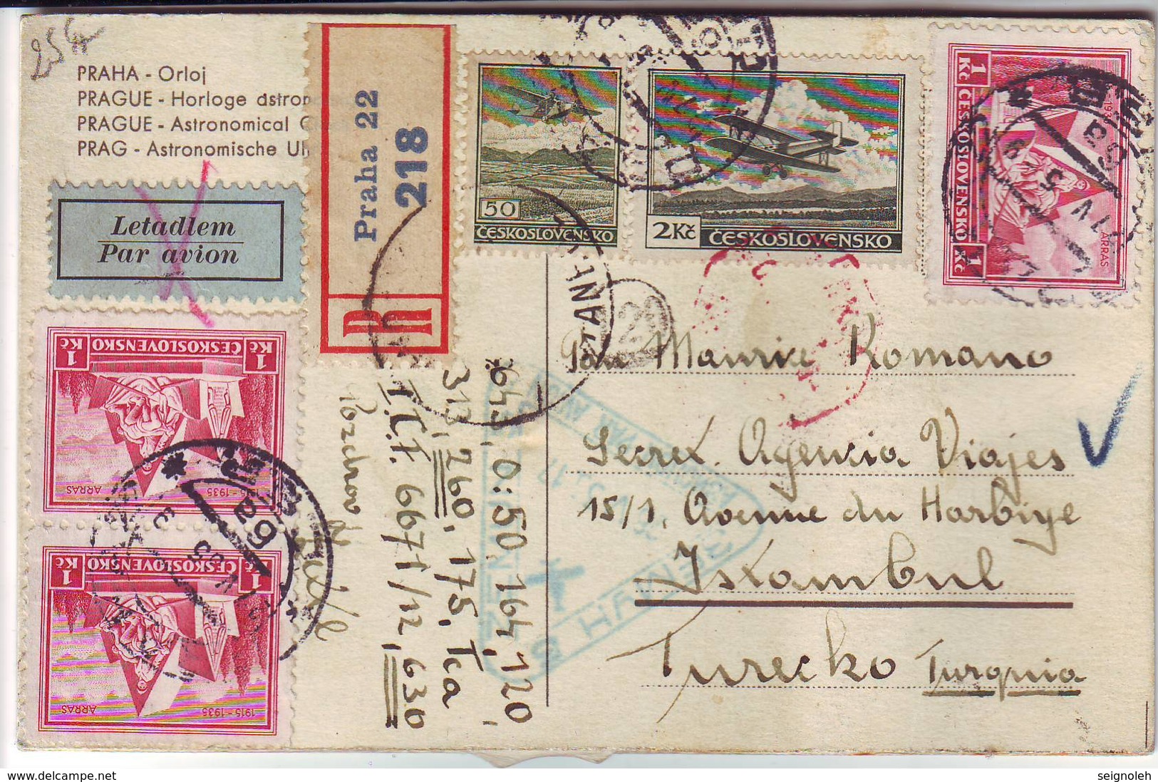 Carte RECOMMANDEE PAR AVION De PRAGUE Tchecoslovaquie Pour La TURQUIE , Premier Vol ..; Lettre - Storia Postale