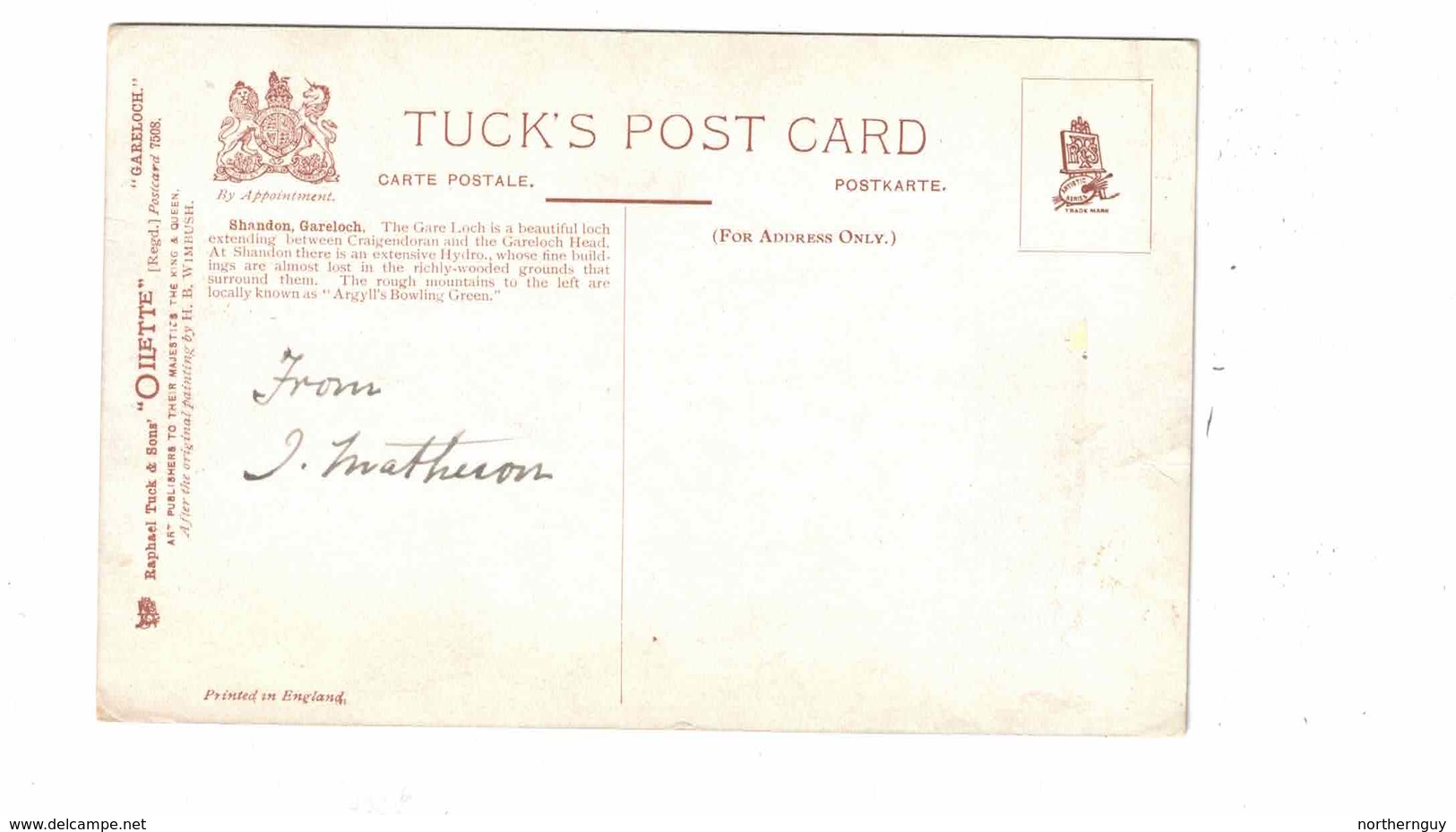 "Gareloch, Shandon (Scotland), Pre-1920 Tuck Postcard, Signed Artist "H Wimbush" England - Wimbush