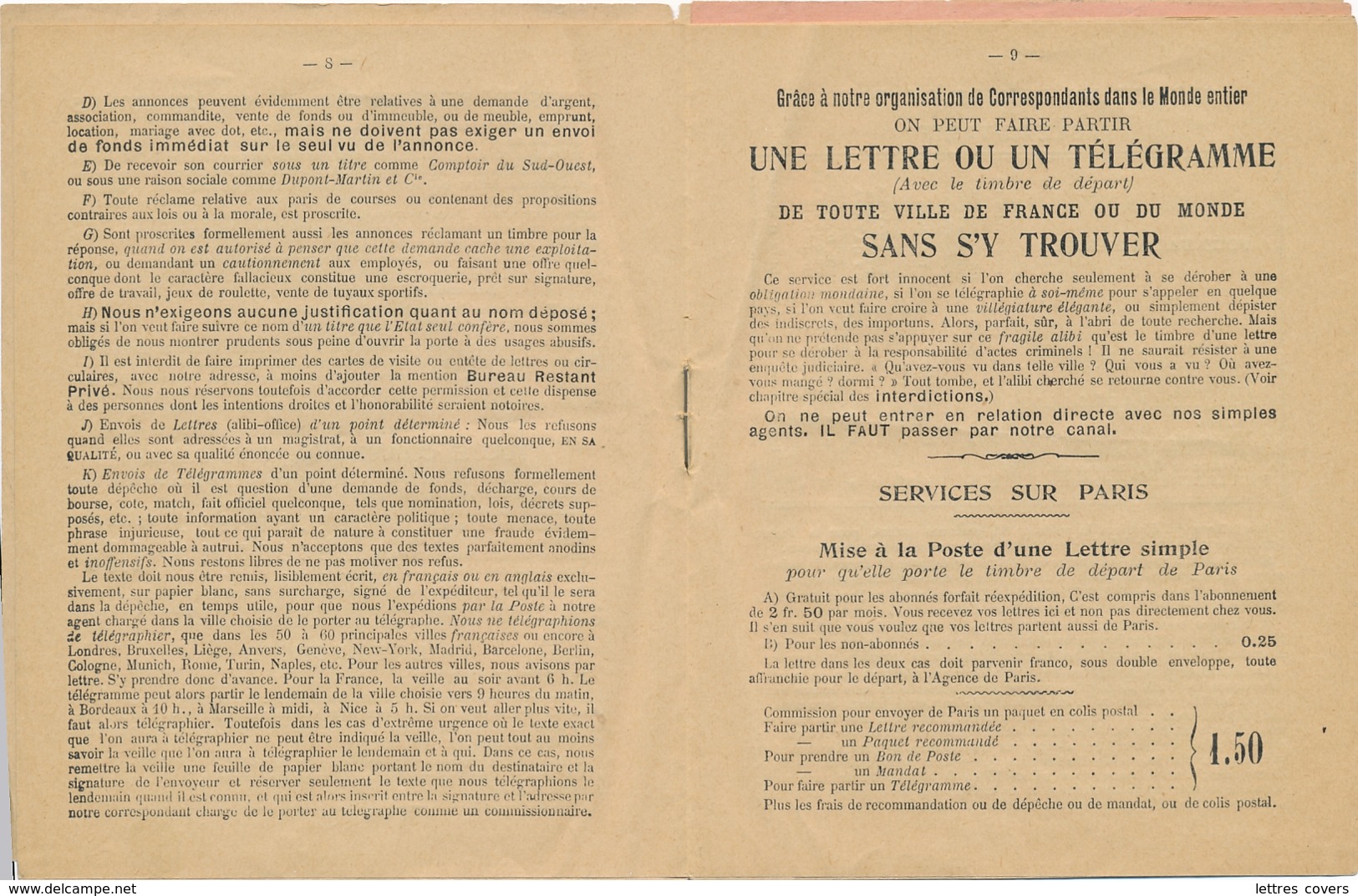 1900 Livret De 16 Pages POSTE RESTANTE PRIVÉE BUREAU D'ADRESSE - TARIFS - FERET PARIS - Post